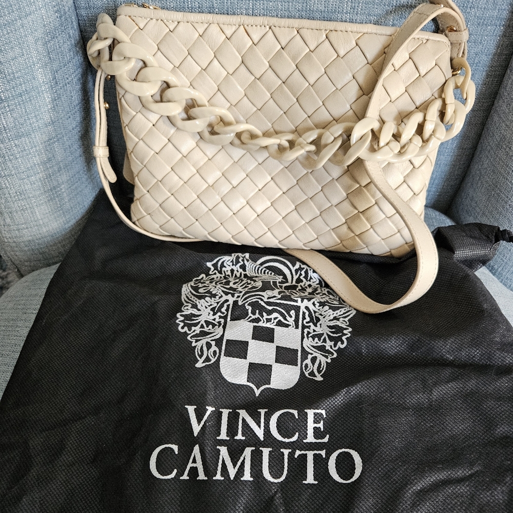 Vince Camuto Beige Woven Tote with Chain Strap